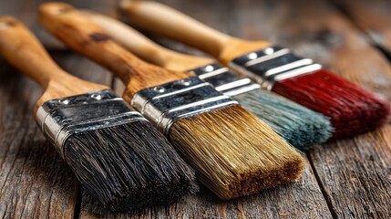 Brushes for painting placed on a wooden surface showing different styles and colors in an artistic workspace with natural lighting