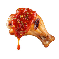 A grilled chicken drumstick topped with spicy red sauce and herbs, presented on a clean background from a front viewpoint