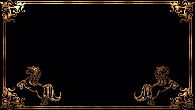 Golden Horse transparent background 2026. Decorative black and gold horse design,  Lunar New Year Video Frame open space; open space to text suitable for luxury branding, equestrian events, or elegant
