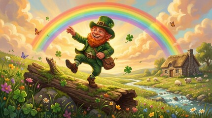 Leprechaun in green attire joyfully dances along a riverbank, scattering gold coins while a vibrant rainbow arcs overhead in a lush, green landscape, Saint Patrick's Day