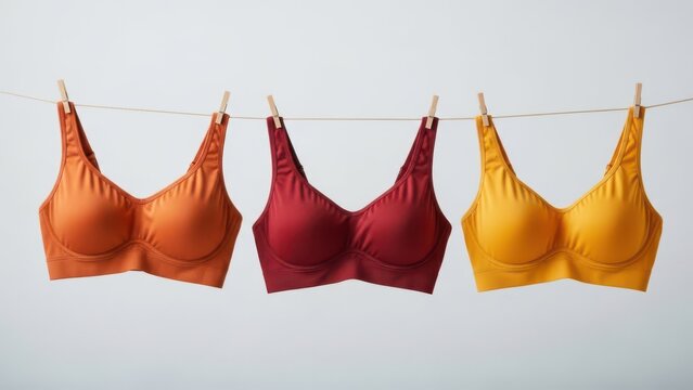 A studio shot of three colorful bras in orange, red, and yellow hanging on a clothesline