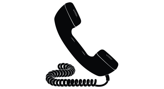 a simple black and white graphic illustration depicting a vintage telephone handset with a coiled cord presented as a silhouette