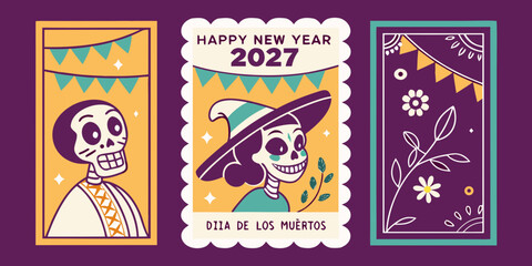 Naklejka premium Happy New Year 2027 – Dia De Los Muertos Inspired Art, Festive Cultural Skeleton Illustration & Vibrant Holiday Greeting Design