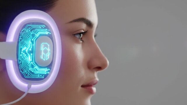 Serene young woman wearing a futuristic neural-interface device with glowing circuit patterns during a high-tech medical brain activity scan. Sci-fi medical concept.