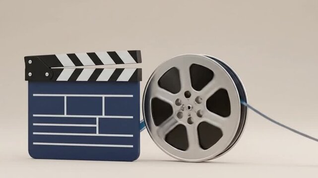 Classic blue cinema clapperboard opening and closing next to a rotating vintage film reel against a neutral studio background. Professional filmmaking concept.