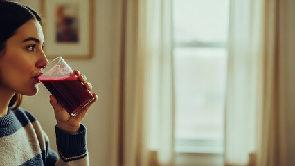 Young woman taking a healthy sip of vibrant red beetroot smoothie in a sunlit room, focusing on her daily wellness and detox routine. Modern lifestyle.