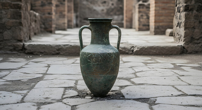 Ancient Roman amphora vase standing on stone pavement in archaeo