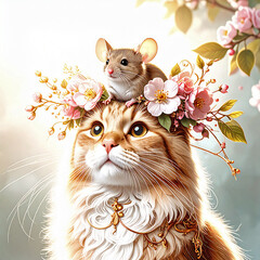 Beautiful orange and white tabby cat surrounded by pretty pink flower blossoms looking upwards.  A tiny mouse sits on top of her head for a better view and looks in the same direction