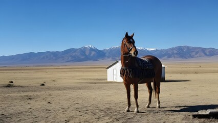 Horse standing majestically in field with snowcapped mountains dramatic landscape portrait ​