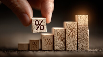 Wooden blocks with percentage signs stacked in an ascending order showing growth and investment with a hand placing the final block on top in a studio setting