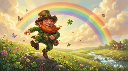 Leprechaun in green attire joyfully dances along a riverbank, scattering gold coins while a vibrant rainbow arcs overhead in a lush, green landscape, Saint Patrick's Day