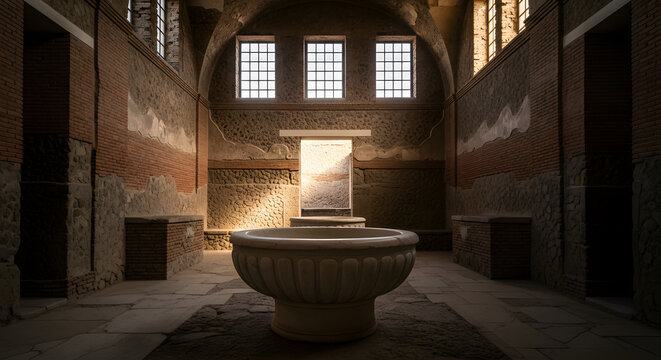 Ancient Roman bath interior featuring a large stone basin and va