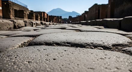 Ancient Roman cobblestone road leading toward Mount Vesuvius in