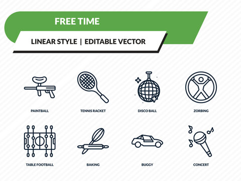 free time icons set - paintball, tennis racket, disco ball, buggy, concert outline vector collection.
