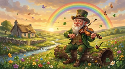 Leprechaun in green attire joyfully dances along a riverbank, scattering gold coins while a vibrant rainbow arcs overhead in a lush, green landscape, Saint Patrick's Day