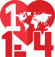 A stylized heart with a world map and numbers 1 and 4