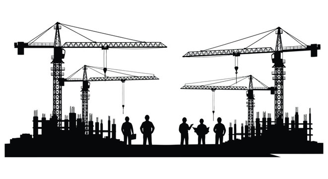 A striking black and white image depicts a construction site with towering cranes and figures all rendered as a bold silhouette