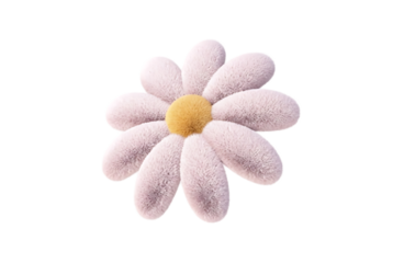 Soft pastel pink and white daisy flower with realistic fluffy fur texture and a yellow center looking playful and cozy isolated on transparent background