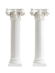 Obraz premium Pair of classical white roman pillars with fluted shafts and ornate capitals showcasing ancient architectural elegance and strength isolated on transparent background