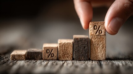 Wooden blocks with percentage signs stacked in an ascending order showing growth and investment with a hand placing the final block on top in a studio setting