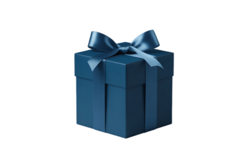 Elegant blue square gift box with matching ribbon bow for christmas or birthday present surprise concept isolated on transparent background