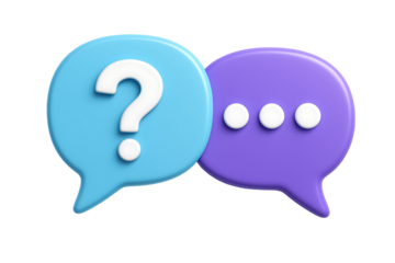 3d render of blue and purple speech bubbles with question mark and three dots for communication and social media concept isolated on transparent background
