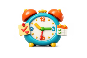 Vibrant cartoon alarm clock with calendar elements for decorative use