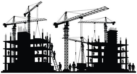 A striking visual of multiple construction cranes towering over a building site in progress creating a dramatic silhouette high quality professional © rabbivay