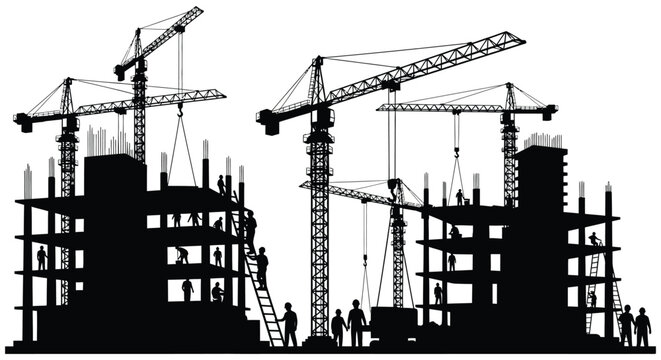 A striking visual of multiple construction cranes towering over a building site in progress creating a dramatic silhouette high quality professional