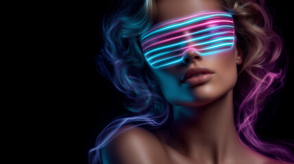 Ultra realistic artistic long-exposure light portrait of a person in a dark studio wearing neon LED shutter shades. The face is mostly in shadow with only partial contours visible;