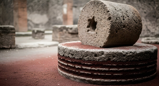 Ancient Roman millstone artifact resting on a porous base in an