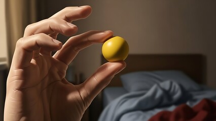 A hand holding a small yellow ball in front of a blurred bedroom background