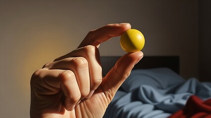 Close-up of a hand holding a small yellow ball against a blurred background
