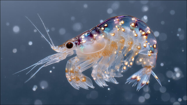 macro underwater photo of a single Antarctic krill Euphausia superba suspended in the water column of the Southern Ocean