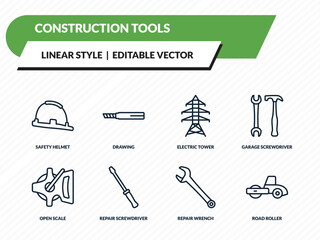 Fototapeta premium construction tools icons set - safety helmet, drawing, electric tower, repair wrench, road roller outline vector collection.
