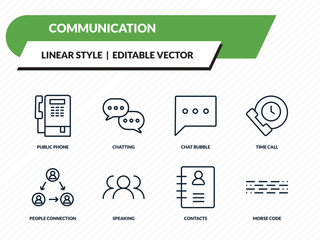 communication icons set - public phone, chatting, chat bubble, contacts, morse code outline vector collection. © IconArt