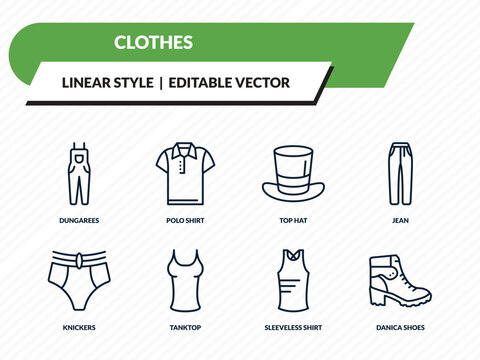clothes icons set - dungarees, polo shirt, top hat, sleeveless shirt, danica shoes outline vector collection.