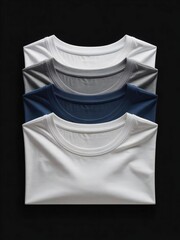 Stack of assorted colored t shirts on black background