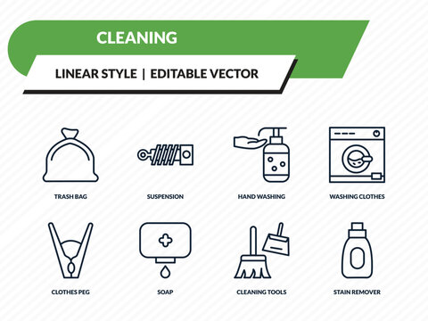 cleaning icons set - trash bag, suspension, hand washing, cleaning tools, stain remover outline vector collection.