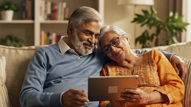 happy senior indian couple sitting on sofa and using digital tablet together. smiling husband and wife watching video at home. technology, retirement lifestyle, communication concept.