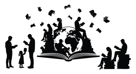 Students and educators reading around the world depicted in a striking black and white image showcasing knowledge and global learning silhouette © rabbivay