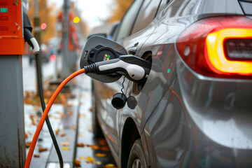 A car is being charged at a charging station