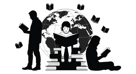 Global education and knowledge sharing depicted with figures reading books amidst a world map presented in a striking silhouette high quality © rabbivay