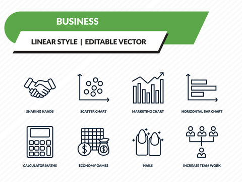 business icons set - shaking hands, scatter chart, marketing chart, nails, increase team work outline vector collection.