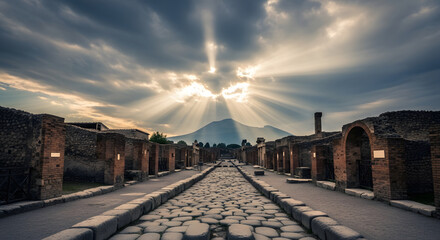 Obraz premium Ancient Roman street in Pompeii leading toward Mount Vesuvius un