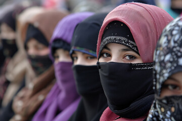 A group of women wearing black veils and purple scarves