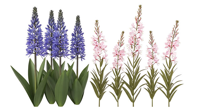 isolated blue camassia and pink gaura plants showcase vibrant spring blooms providing natural botanical elements for design projects.