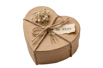 rustic kraft paper heart gift box with dried flowers and tag