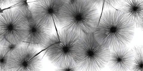 Fototapeta premium Black and White Dandelion Seed Heads on White Background - Abstract Nature Composition