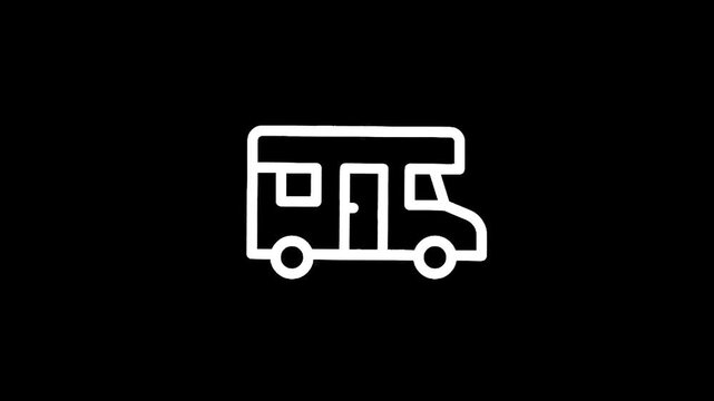Simple white line art icon of a recreational vehicle on a black background